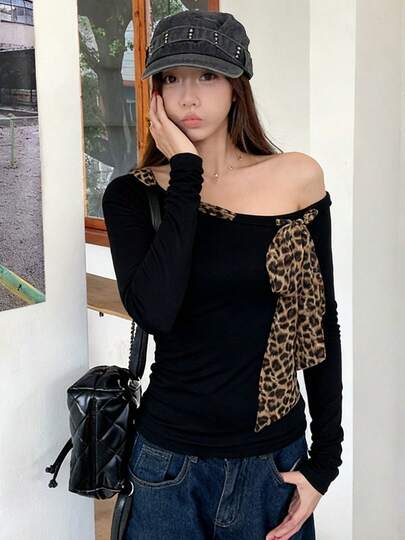 Leopard Print Patchwork Lace-Up Blouse, Suitable For Dates, Stages, And Concerts