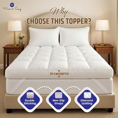 10cm Thick Mattress Topper - Ultra-Soft, Anti-Shift & Even Weight Distribution For Single, Double, King & Super King Size Beds, Grey - Hypoallergenic & Machine Washable
