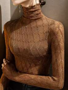 高领蕾丝吊带背心，修身长袖打底衫，时尚黑色T恤，适合春秋季穿着 - 摩卡色 - 查看 2