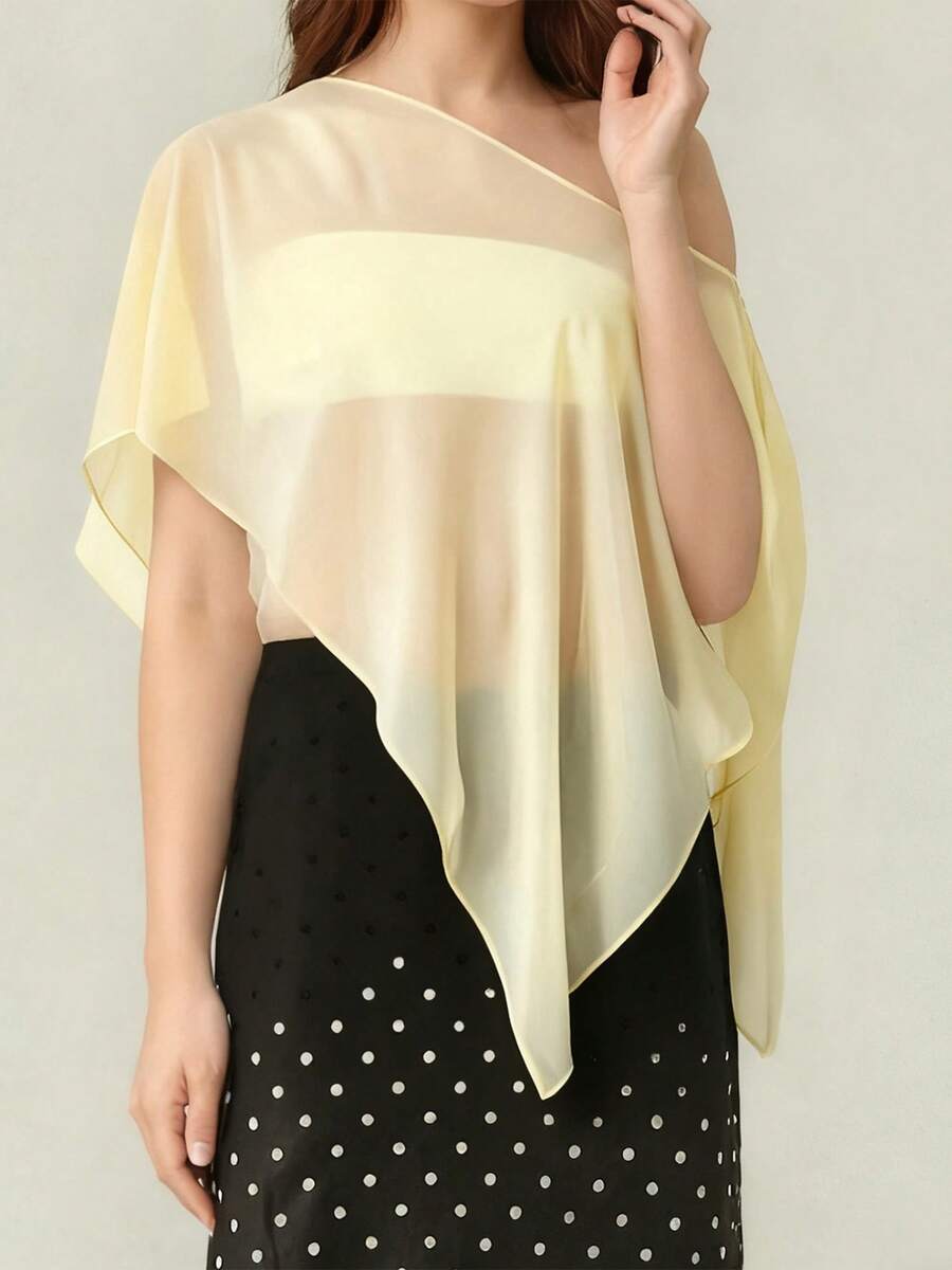 Womens Sheer Chiffon Mesh Top Featuring An Asymmetrical Hem To Sculpt A Graceful Layered Silhouette Perfect For Elegant Wedding Guest Outfits Formal Evening Parties Sophisticated Gallery Openings And Stylish Upscale Social Gatherings - 黃色 - 查看 1