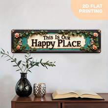 1pc 2D Vintage "This Is Our Happy Place" Metal Wall Decor - Green & Rose Accents - Sturdy Farmhouse Style Iron - Pre-Drilled Easy Hanging - Perfect Housewarming Gift, For Home, Office, Porch - 9.91x39.88cm - No Wiring Needed, Floral Design, Solid Construction, Motto Plaque, Home Decor, 2D Flat - Multicolor - View 3