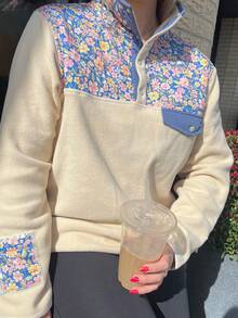 Women's Fleece Pullover Floral Patchwork Collar Pocket Casual Vintage Y2K Top - Màu be - Xem 3