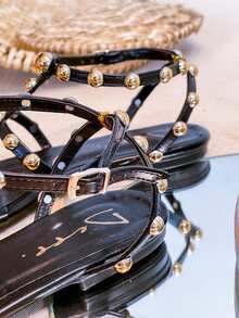 Women's Flat Sandal With Leaf-Shaped Toe And Gold Bead Details - Negro - Ver 4