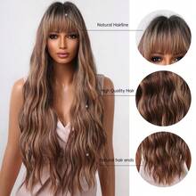 NATAN 1件装金色假发，带刘海，长款波浪卷渐变色假发，深色发根，耐热合成假发，适合女性日常派对佩戴，28英寸 - S4/27 - 查看 3