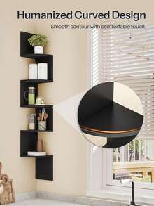 1pc 5-Tier Corner Floating Shelf, Wall-Mounted Black Plastic Storage Rack, Drill-Free Triangular Design, Multifunctional Wooden Display Shelf For Living Room, Bedroom, And Bathroom - An Ideal Choice For Home Office And Decoration, Practical Shelving, Utility Racks - Black - View 3