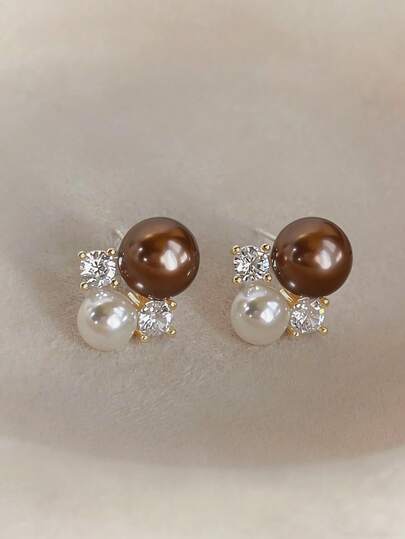 1 Pair Elegant French Style Sweet & Gentle Personalized Pink Faux Pearl Inlaid Crystal Stud Earrings, Suitable For Women's Daily, Commute, Date, Holiday, Engagement Wear