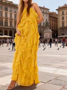 2026 Summer Women Maxi Beach Dress Boho Halter Backless Dresses Flowy Ruffle Long Dress Cutout Flowy Tiered Sundresses - Amarillo - Ver 5