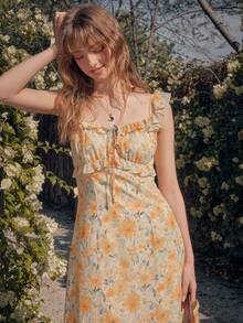 Simple Retro Đầm dài dáng suông cổ vuông thắt eo phối màu dành cho nữ mùa xuân hè, họa tiết hoa toàn thân màu vàng, lãng mạn, thanh lịch, cổ điển, ôm sát. - Màu vàng - Xem 3