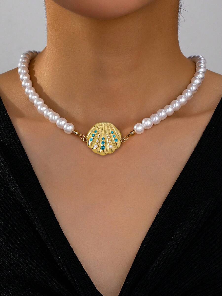 1 chiếc vòng cổ ngọc trai và sao biển thanh lịch, tinh tế, kiểu dáng đại dương. - vỏ vòng cổ - Xem 1