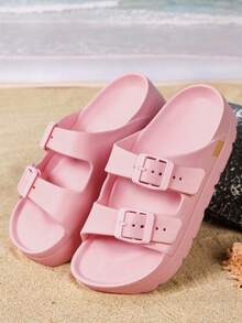 New Fashion Thick Bottom Elevated Sandals For Women, Versatile EVA Lightweight Comfortable Soft Durable Double Adjustable Strap Sandals For Home, Party, Beach, Work, Shock-Absorbing - Pink - View 11