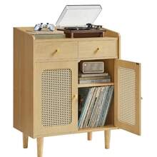 Stylish Sideboard Storage Cabinet With Rattan-Like Doors And Drawers, Oak Beige Finish, Adjustable Shelf For Living Room Organization - Màu be gỗ sồi - Xem 1