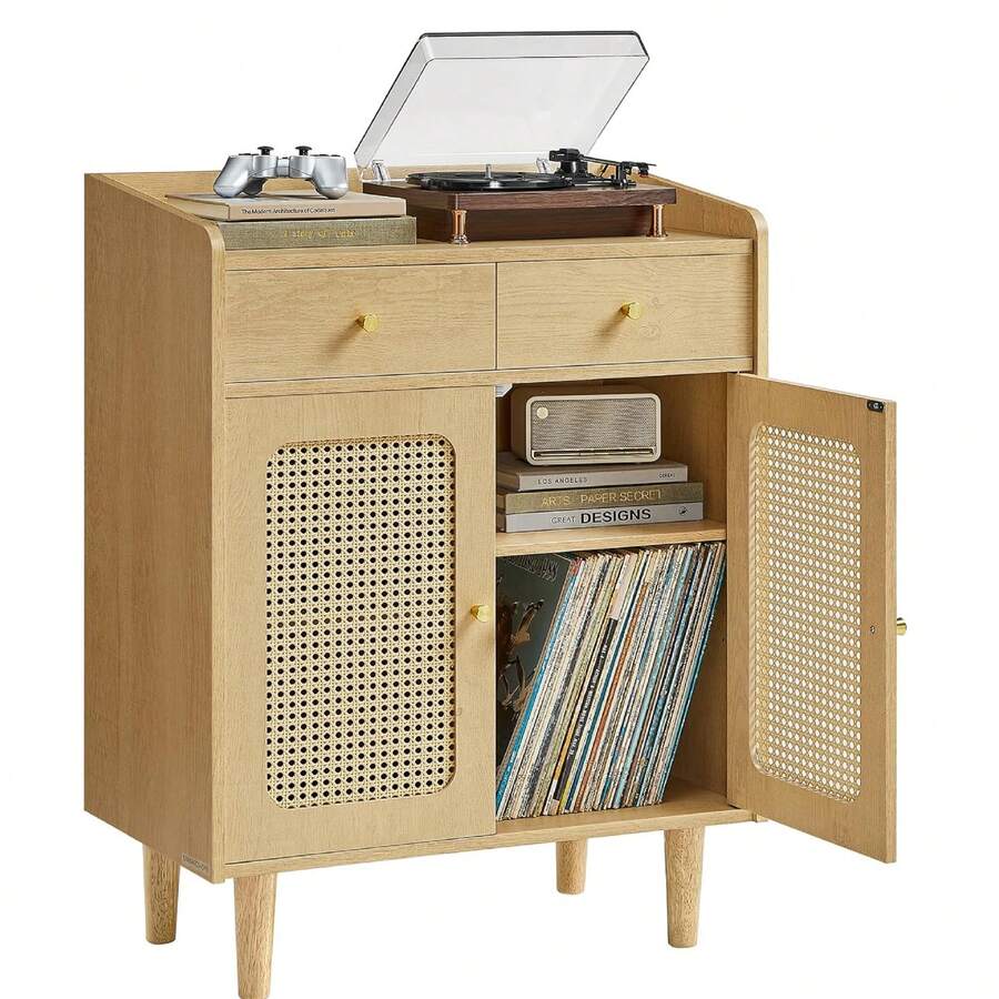 Stylish Sideboard Storage Cabinet With Rattan-Like Doors And Drawers, Oak Beige Finish, Adjustable Shelf For Living Room Organization - Màu be gỗ sồi - Xem 1