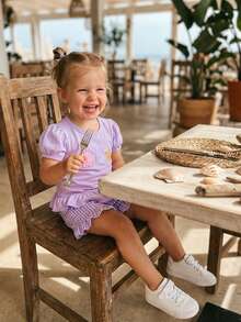 Toddler Baby Girl Clothes Summer Short Sleeve Starfish Conch Seashell T-Shirt Ruffle Plaid Shorts Outfits 6M-4T - Màu tím - Xem 3