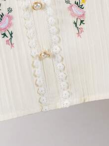 Girls' Ruched Cap Sleeve Top, Colorful Floral Embroidery + Pearl Buttons, Soft Peter Pan Collar Breathable Blouse, Summer - Beige - View 8