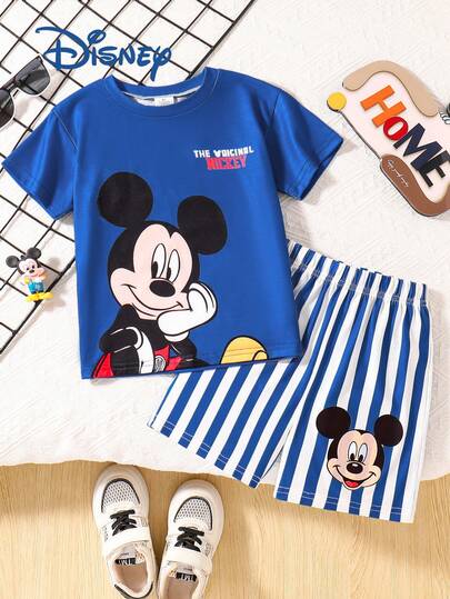 Disney 米奇老鼠男童可爱短袖T恤和条纹印花短裤套装，儿童卡通图案弹力圆领针织上衣，适合日常穿着，精美礼物