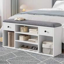 BALCONERA Shoe Bench With Padded Seat & Cushion – 2 Drawers + Open Compartments, Storage Bench For Hallway/Living Room - White - View 2