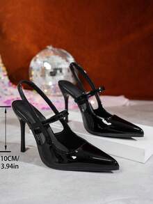 一双纯色优雅尖头镂空交叉绑带弹力细高跟凉鞋，适合通勤、夜店、婚礼、派对、办公室、春秋季等多种场合。 - 黑色 - 查看 6