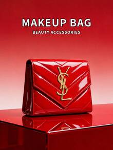 Yves Saint Laurent 亮面化妆包，大容量手拿包，适合派对、休闲场合，也可作为节日或圣诞礼物，不含珍珠肩带 - 紅色 - 查看 1
