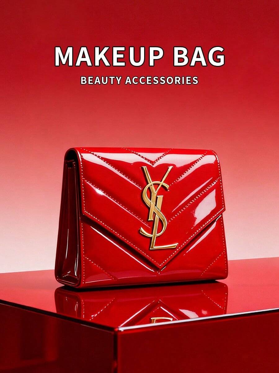 Yves Saint Laurent 亮面化妆包，大容量手拿包，适合派对、休闲场合，也可作为节日或圣诞礼物，不含珍珠肩带 - 紅色 - 查看 1