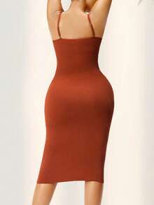 Vestido de una pieza con tirantes finos, unicolor, que levanta el trasero y controla el abdomen, con soporte para el busto, que da forma a la figura y ajusta la cintura para un ajuste ceñido y moldeado para mujer - Naranja Quemada - Ver 2