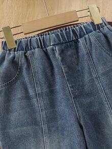 Tween flickor utsvängda jeans, 2025 höstmode nya pärlhalsade blå utsvängda byxor med åtsittande passform