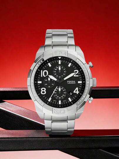 Fossil Men's Chronograph Watch, Black Dial, Silver-Tone Stainless Steel Band, Model FS5710