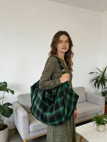Túi đeo vai cỡ lớn họa tiết kẻ caro, kiểu dáng thời trang châu Âu và Mỹ, túi xách đa năng tiện dụng, phù hợp cho công việc, học tập và du lịch. - màu xanh lá - Xem 2