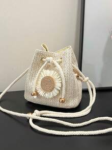 Sunflower Fashion New Shoulder Crossbody Bag Handbag Commuter Bag Drawstring Bucket Bag Minimalist Stylish Sunflower Shoulder Bag - Beige - View 2