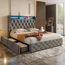 Upholstered Bed 140x190 Cm With LED Lighting And USB Socket, Headboard With Shelves And Storage Space, Flat Double Bed With 4 Drawers, Velvet. - Grey - View 3