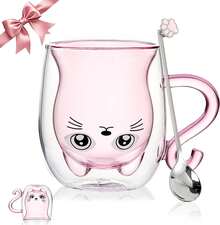 Taza con aislamiento de doble pared de vidrio, taza de café, taza de té, taza de leche, regalo para oficina, cumpleaños, uso personal, de Navidad (gato púrpura) - Gato rosa - Ver 12