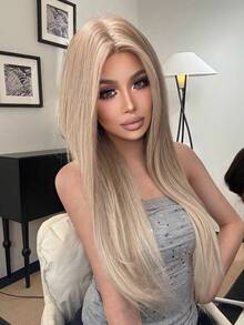30 Inch Long Straight Lace Front Wig, Natural Looking Realistic Synthetic Hair Wig, Suitable For Daily Wear - Gold - View 3