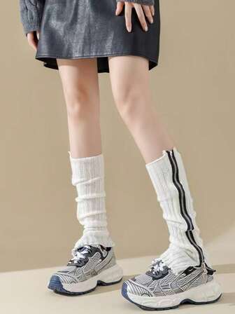 1 Pair Knitted Leg Warmers For Women, Long Tube Leg Warmers, Warm, Solid Color, Versatile, Zipper Design, Suitable For Autumn/Winter
