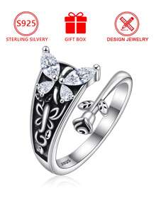 1 Stück 925 Sterling Silber Vintage Schwarze Rose Zirkonia Schmetterling Offener Ring (Schmetterling Rose Stil) Geschenkbox, geeignet für den täglichen Gebrauch und als Valentinstags-Geschenk - Antiksilber - Übersicht 2