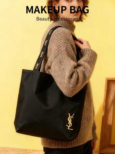 Yves Saint Laurent Black Canvas Shoulder Bag, Extremely Minimalist High-End Style, Large Capacity, Suitable For Work, Shopping, School And Travel