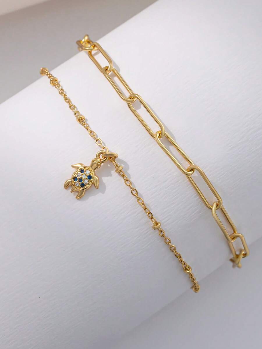 Tkool 2pcs/Set Women's Bracelet Set, Bohemian Summer Beach Style, Golden Electroplated Multi-Layer Basic Chain, Safety Pin Chain, Copper Inlaid Zirconia Turtle Pendant, Multi-Layer Stacking Bracelets, Ocean Series Jewelry Gift - Yellow Gold - View 1