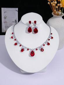 1 Set Red Teardrop Jewelry Set: Necklace + Earrings, Eye-Catching Accessory For Evening Party - Multicolor - View 1