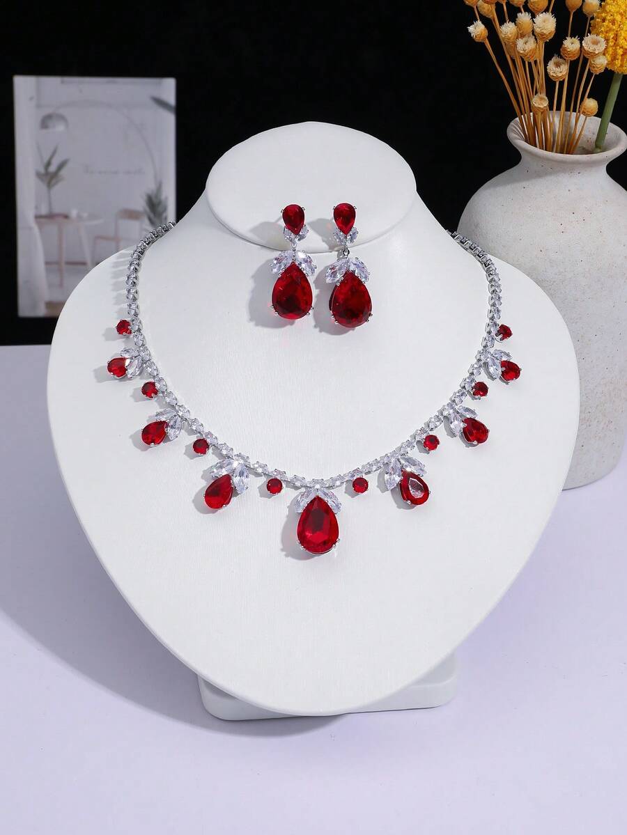 1 Set Red Teardrop Jewelry Set: Necklace + Earrings, Eye-Catching Accessory For Evening Party - Multicolor - View 1