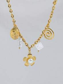 1件时尚3D珍珠花朵吊坠不锈钢手工项链，适合女孩佩戴，时尚精致，完美适用于派对、节日和日常佩戴，黄金首饰，返校季必备单品 - 金色 - 查看 5