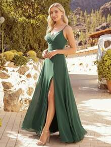 EVERPRETTY 优雅性感纯色吊带开衩森林绿伴娘礼服，婚礼宾客礼服，春夏款 - 橄欖綠 - 查看 5