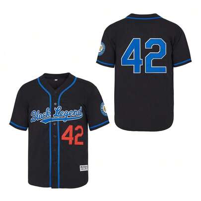 男士42号黑色复古短袖纽扣棒球衫 - 弹性面料，精致刺绣。复古运动风格，宽松前襟纽扣设计，时尚休闲，适合棒球和休闲主题活动。