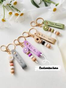 Customized PU Leather Keychain, Daisy Beaded Keyring With Customizable Name And Flower Pendant, Portable Monogram Bag Charm, Faux Pearl Key Accessory - Multicolor - View 4