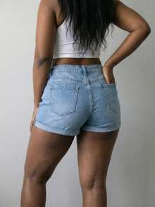 Women's Distressed Rolled Hem Denim Shorts - Slim Fit, Streetwear Style Hotpants - Light Wash - View 3