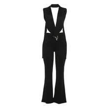 Women's Casual Vacation Party Party Sexy Sleeveless Deep V Low Chest Hollow High Waist Slim Slimming Jumpsuit - 黑色 - 查看 3