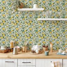 1卷清新柑橘植物自粘墙纸，浅绿色和淡黄色叶子、枝条和果实图案，可移除乙烯基材质，即撕即贴装饰墙贴，复古插画风格墙纸，自然艺术家居装饰贴纸，尺寸17.32 x 393.70英寸，适用于客厅、厨房、卧室、浴室、餐厅、家具翻新，易于安装。 - 彩色 - 查看 4