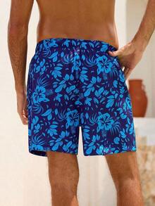 Manfinity Swimmode Floral Print Casual Beach Shorts Men, Black Swim Trunks, Black Hawaiian Floral Print Swim Shorts Men - 海軍藍 - 查看 5