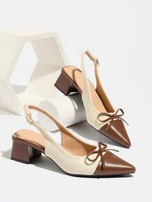 Brown Versatile Color Block Pointed Toe Chunky Heel Pumps, New 2025 Korean Version Metal Buckle Mid Heel Mary Jane Shoes, Elegant Women's Shoes Suitable For Daily, Shopping, Vacation, Party, Banquet, Bowknot High Heels, Fashion Chunky Heel Shoes, Valentine's Day Women's High Heels, Short Heels Women's Shoes - Brown - View 5