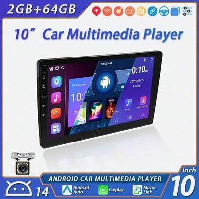 10" Double Din 2+64G Android 14 Car Radio With Wireless CarPlay & Android Auto, HD Touchscreen, FM Radio, Steering Wheel Control, Multi-Language, Compatible With IPhone/ Android Smartphones - Audio System Head Unit