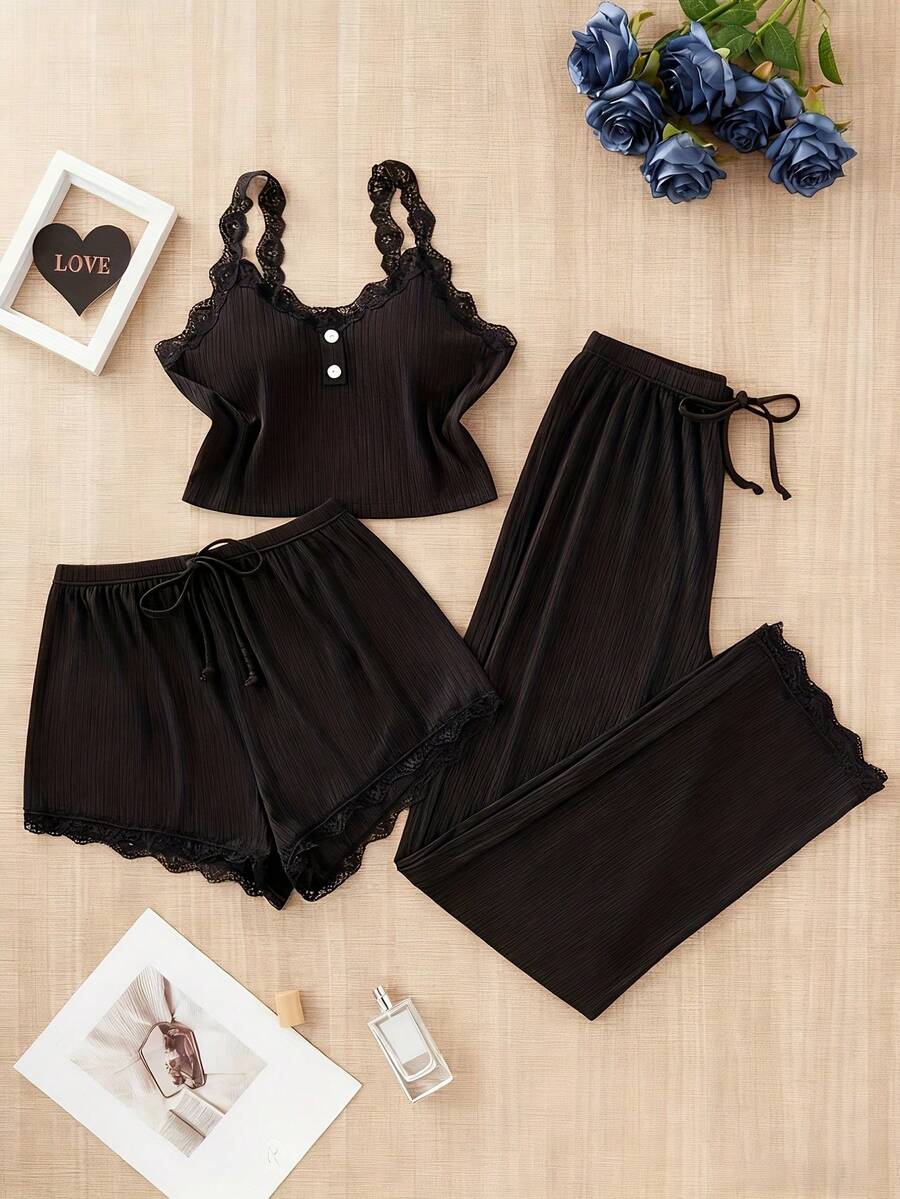 3-Piece Lace Suspender Short Trousers Three-Piece Women's Four-Season Sexy Lace Suspender Home Set (Including Trousers, Shorts And Tank Top) Sexy Underwear Loungewear Pajamas - 黑色3件套裝 - 查看 1