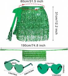Sequin Belly Dance Scarf Tassel Wrap Sparkly Fringe Skirt With Pair Heart Party Rave Costume Women - màu xanh lá - Xem 3