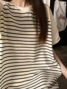 浅卡其色条纹插肩袖女士睡裙，适合春夏穿着，短袖睡衣 - 香檳色 - 查看 8